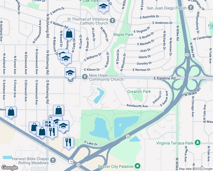 map of restaurants, bars, coffee shops, grocery stores, and more near 35 South Baybrook Drive in Palatine