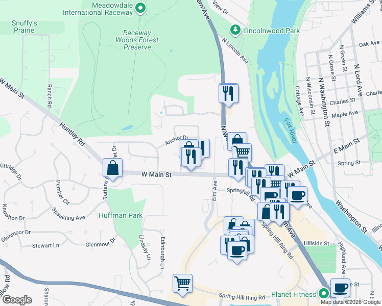 map of restaurants, bars, coffee shops, grocery stores, and more near 124 Tay River Drive in Carpentersville