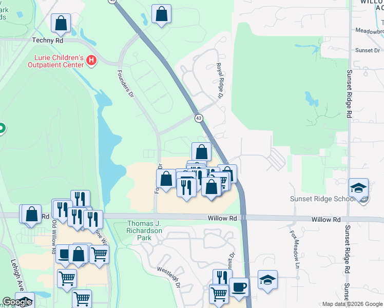 map of restaurants, bars, coffee shops, grocery stores, and more near 2367 Chelsea Road in Northbrook