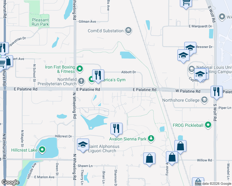 map of restaurants, bars, coffee shops, grocery stores, and more near 164 Lucerne Court in Wheeling