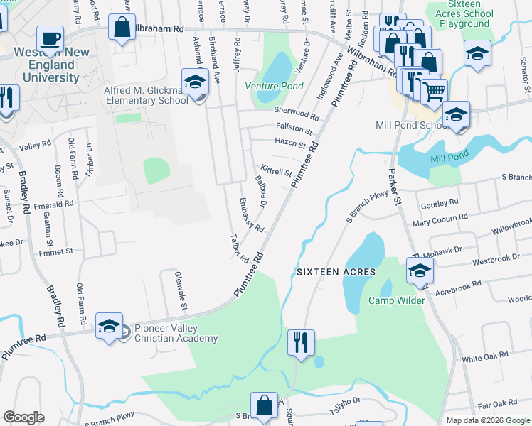 map of restaurants, bars, coffee shops, grocery stores, and more near 75 Balboa Drive in Springfield