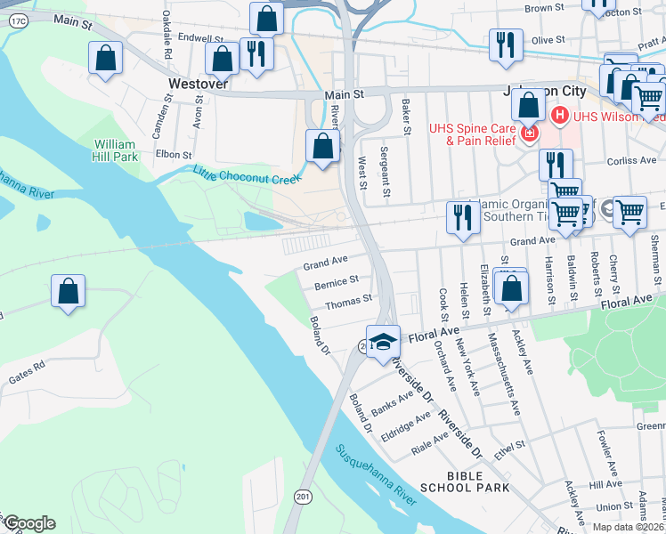 map of restaurants, bars, coffee shops, grocery stores, and more near 478 Grand Ave in Johnson City