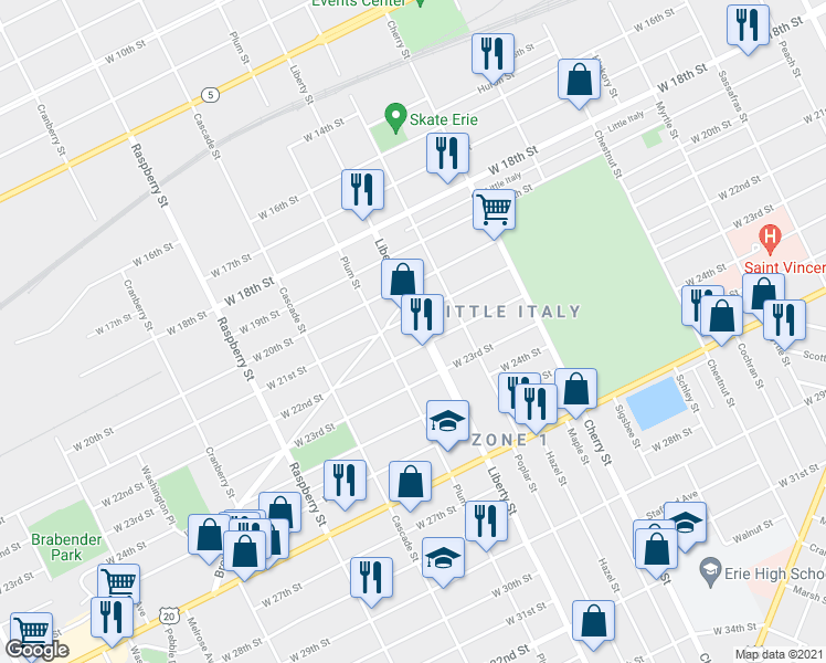 map of restaurants, bars, coffee shops, grocery stores, and more near 2112 Liberty Street in Erie