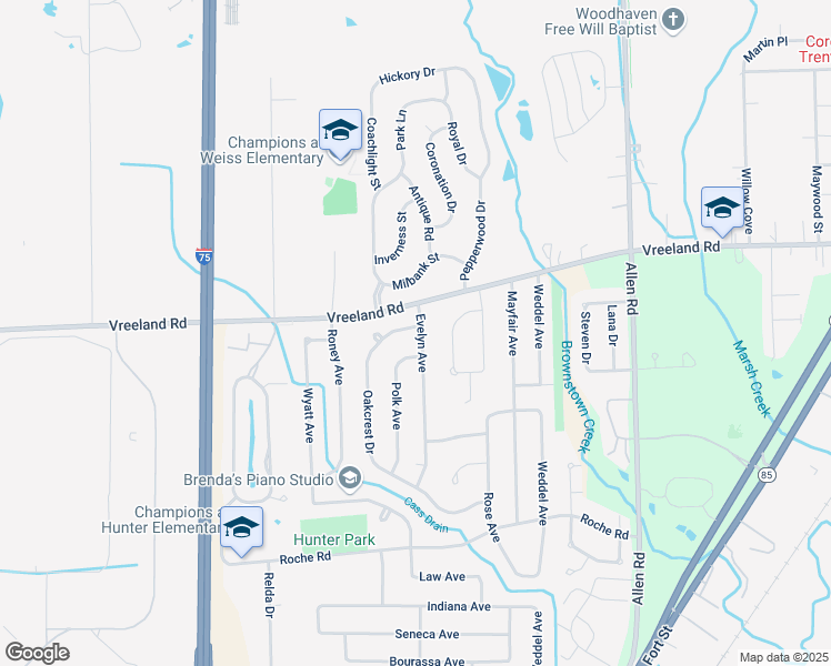 map of restaurants, bars, coffee shops, grocery stores, and more near 27109 Oakcrest Drive in Brownstown Charter Township
