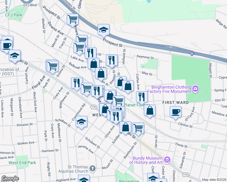 map of restaurants, bars, coffee shops, grocery stores, and more near 305 Clinton Street in Binghamton