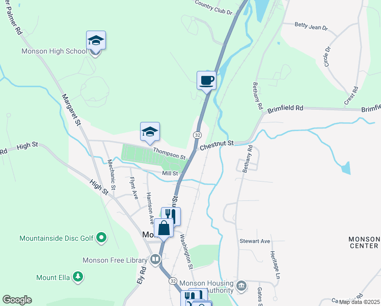 map of restaurants, bars, coffee shops, grocery stores, and more near 3 Main Street in Monson
