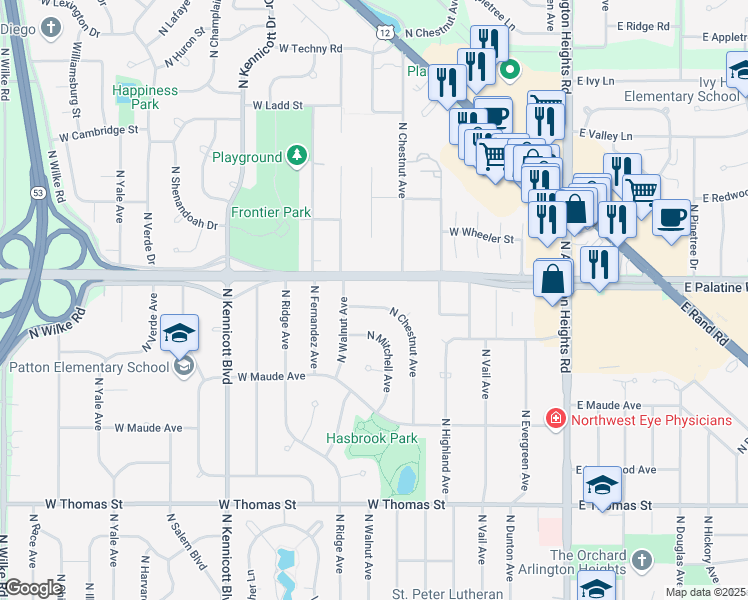 map of restaurants, bars, coffee shops, grocery stores, and more near 1841 North Chestnut Avenue in Arlington Heights