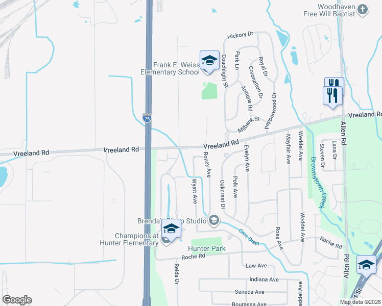 map of restaurants, bars, coffee shops, grocery stores, and more near 27154 Wyatt Avenue in Brownstown Charter Township