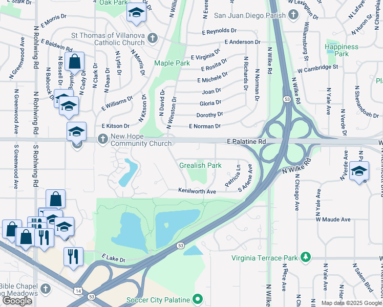 map of restaurants, bars, coffee shops, grocery stores, and more near 1322 East Joyce Avenue in Palatine