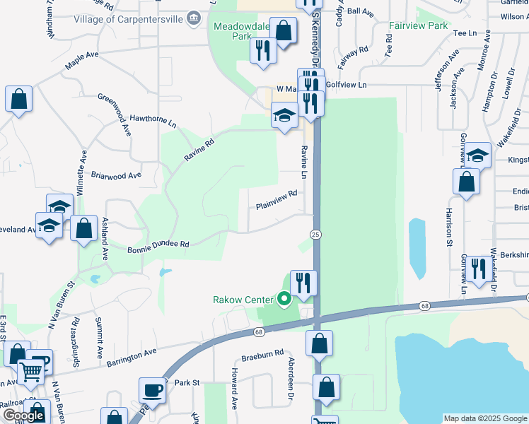 map of restaurants, bars, coffee shops, grocery stores, and more near 1417 Plainview Road in Carpentersville