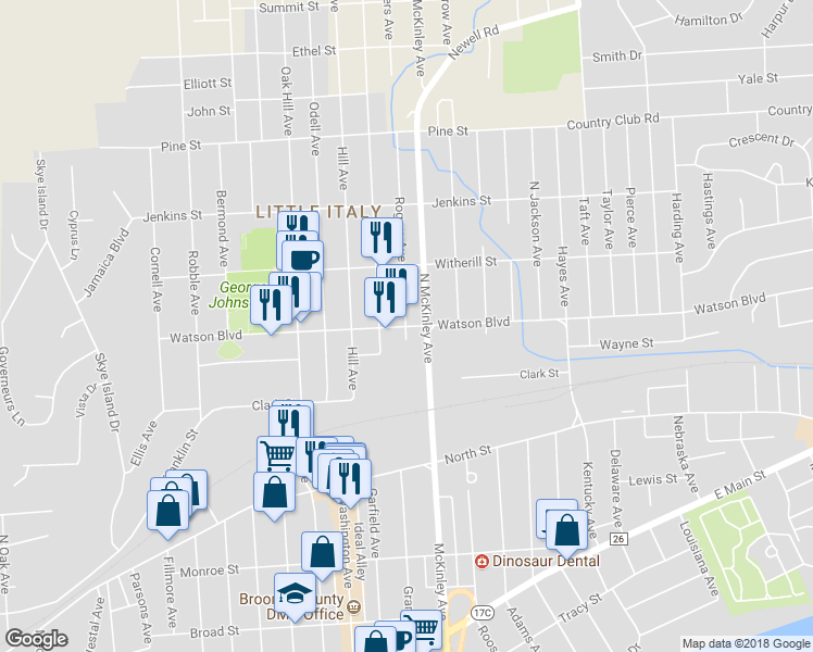 map of restaurants, bars, coffee shops, grocery stores, and more near 100 Rogers Avenue in Endicott