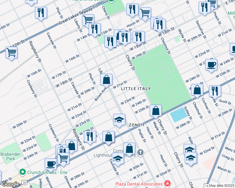 map of restaurants, bars, coffee shops, grocery stores, and more near 720 West 22nd Street in Erie