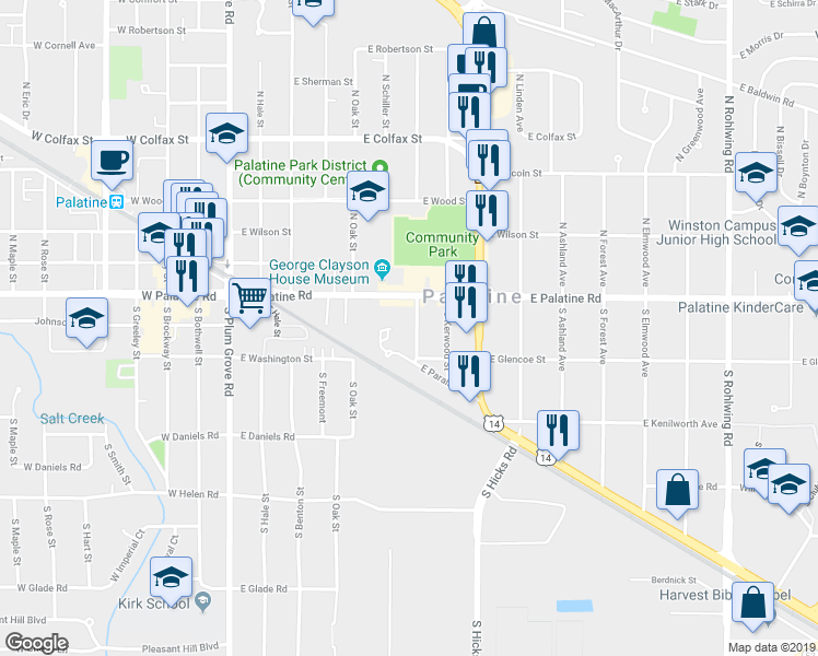 map of restaurants, bars, coffee shops, grocery stores, and more near 30 Glenwood Street in Palatine
