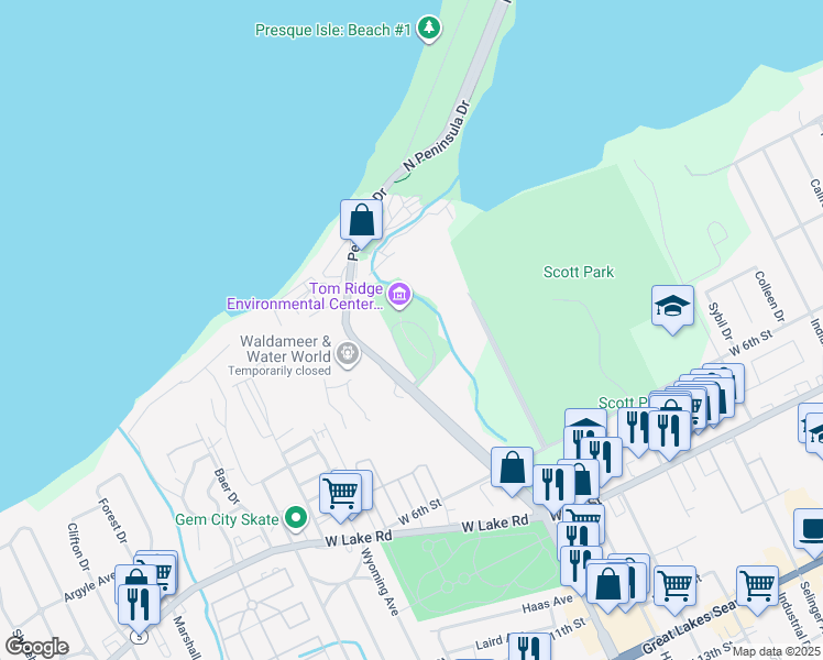 map of restaurants, bars, coffee shops, grocery stores, and more near 301 Peninsula Drive in Erie