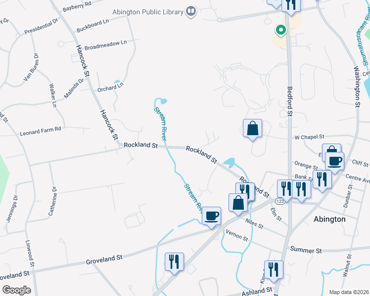 map of restaurants, bars, coffee shops, grocery stores, and more near 237 Rockland Street in Abington