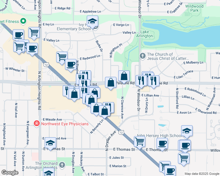 map of restaurants, bars, coffee shops, grocery stores, and more near 1007 East Palatine Road in Arlington Heights