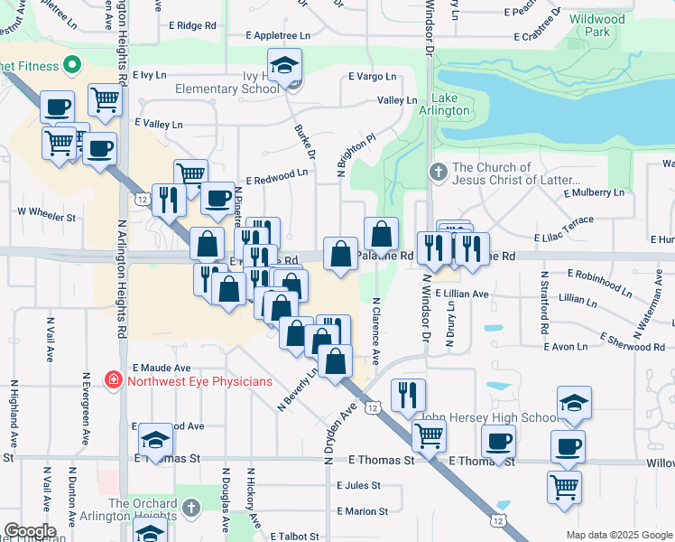 map of restaurants, bars, coffee shops, grocery stores, and more near 1007 East Palatine Road in Arlington Heights