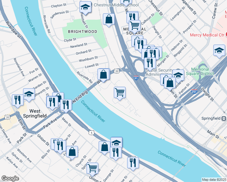 map of restaurants, bars, coffee shops, grocery stores, and more near 60 Avocado St in Springfield