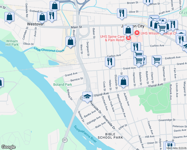 map of restaurants, bars, coffee shops, grocery stores, and more near 23 Bernice St in Johnson City
