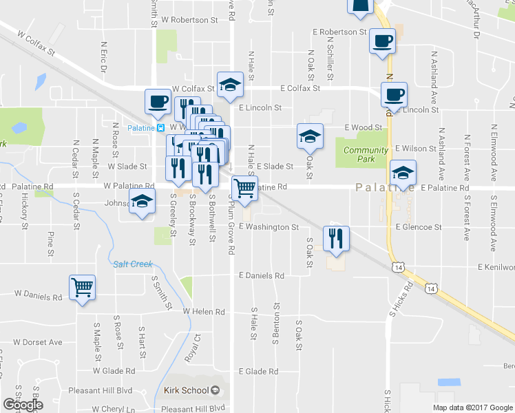 map of restaurants, bars, coffee shops, grocery stores, and more near 45 South Plum Grove Road in Palatine