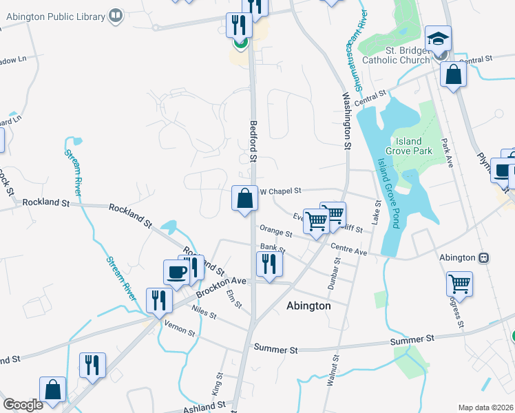 map of restaurants, bars, coffee shops, grocery stores, and more near 197 Bedford Street in Abington