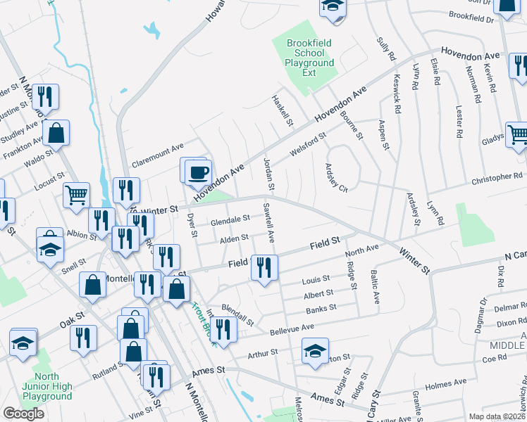map of restaurants, bars, coffee shops, grocery stores, and more near 94 Glendale Street in Brockton