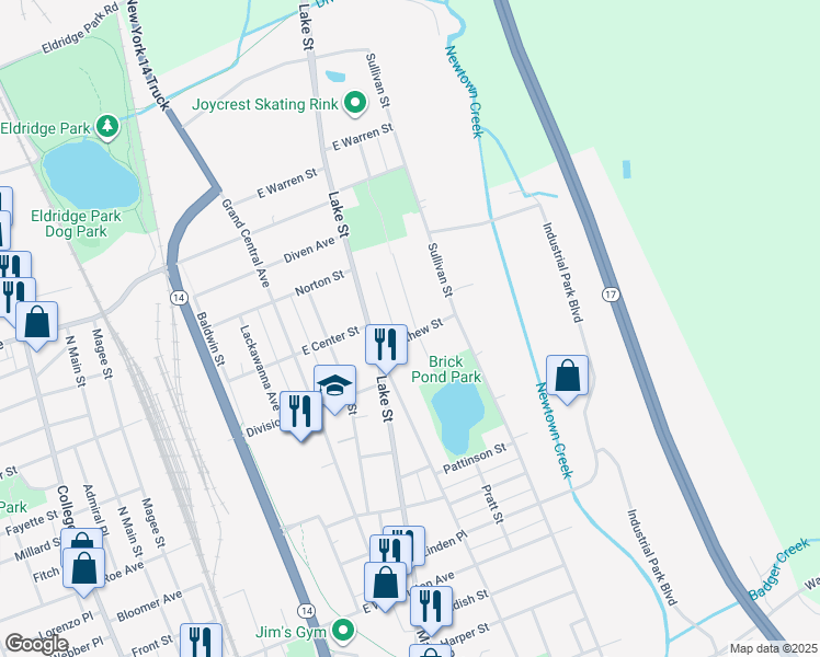 map of restaurants, bars, coffee shops, grocery stores, and more near 417 Matthew Street in Elmira