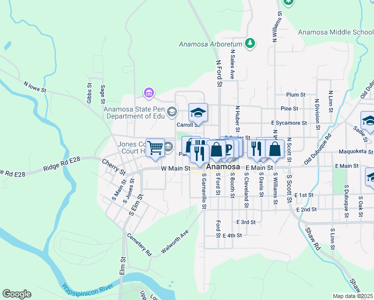 map of restaurants, bars, coffee shops, grocery stores, and more near Park Court in Anamosa