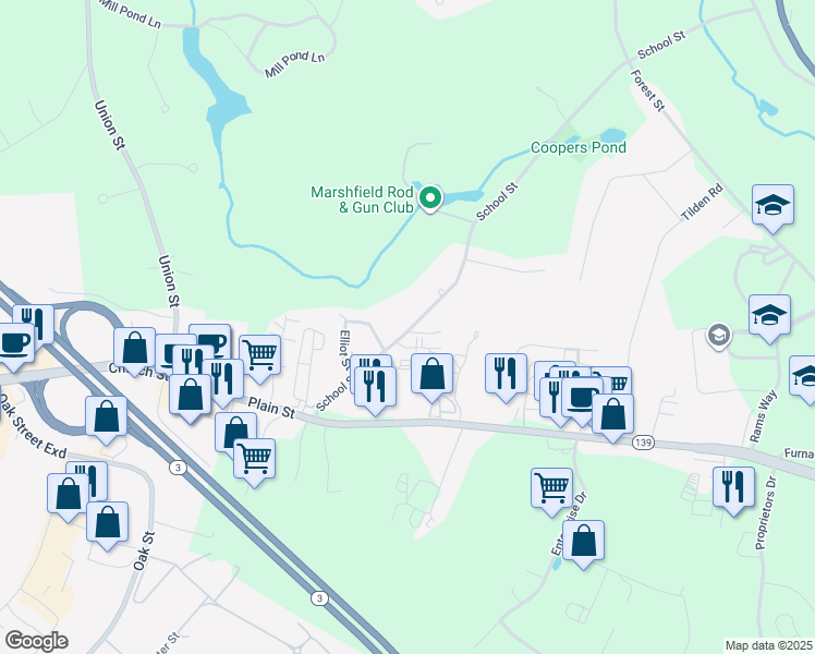 map of restaurants, bars, coffee shops, grocery stores, and more near 410 School Street in Marshfield