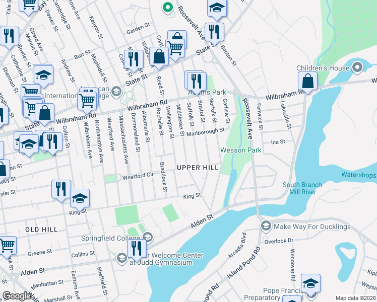 map of restaurants, bars, coffee shops, grocery stores, and more near 116 Suffolk Street in Springfield
