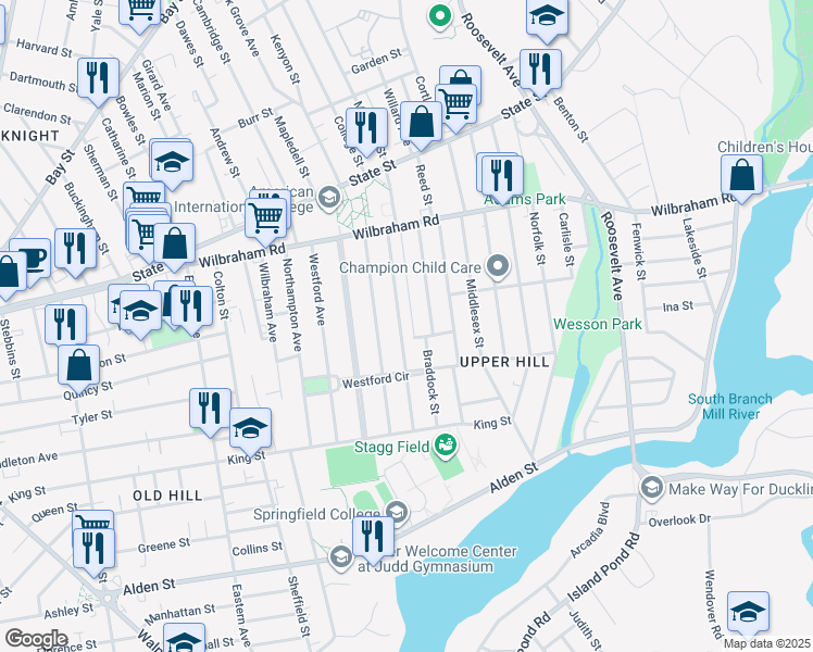 map of restaurants, bars, coffee shops, grocery stores, and more near 97 Villa Parkway in Springfield