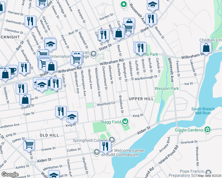 map of restaurants, bars, coffee shops, grocery stores, and more near 91 Dunmoreland Street in Springfield