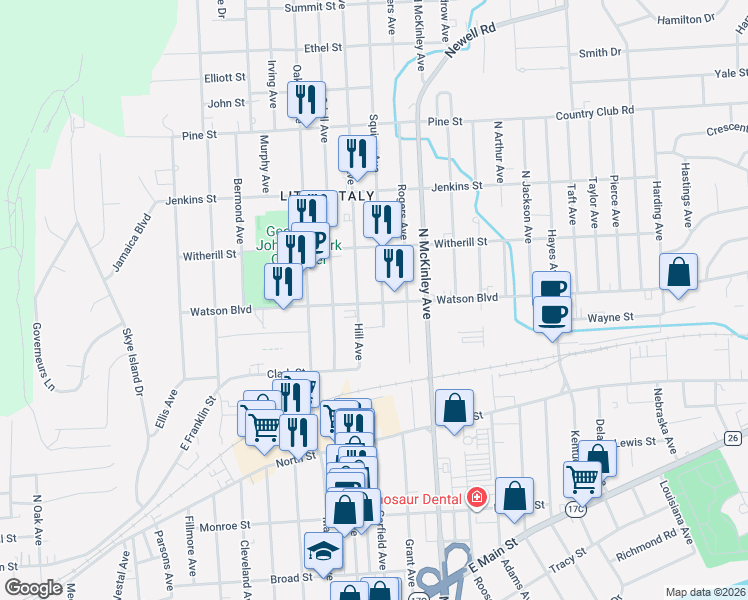 map of restaurants, bars, coffee shops, grocery stores, and more near 101 Squires Avenue in Endicott