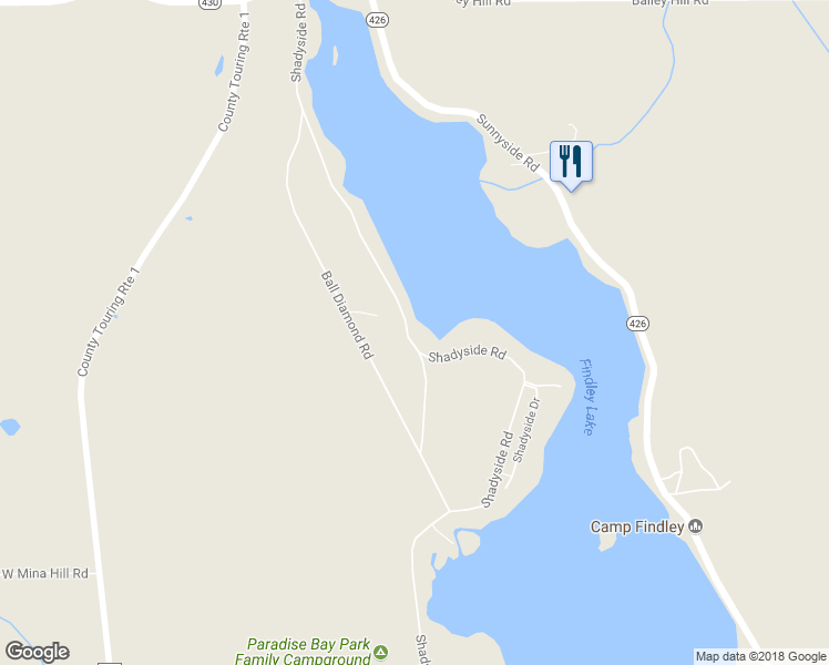 map of restaurants, bars, coffee shops, grocery stores, and more near 2596 Shadyside Road in Findley Lake