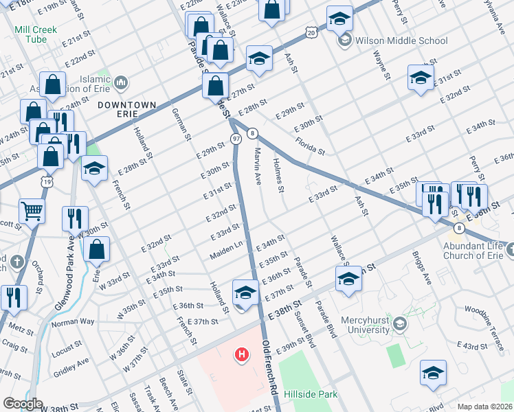 map of restaurants, bars, coffee shops, grocery stores, and more near 3201 Old French Road in Erie