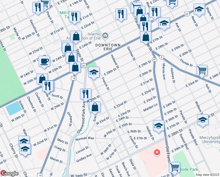 map of restaurants, bars, coffee shops, grocery stores, and more near 2915 French Street in Erie