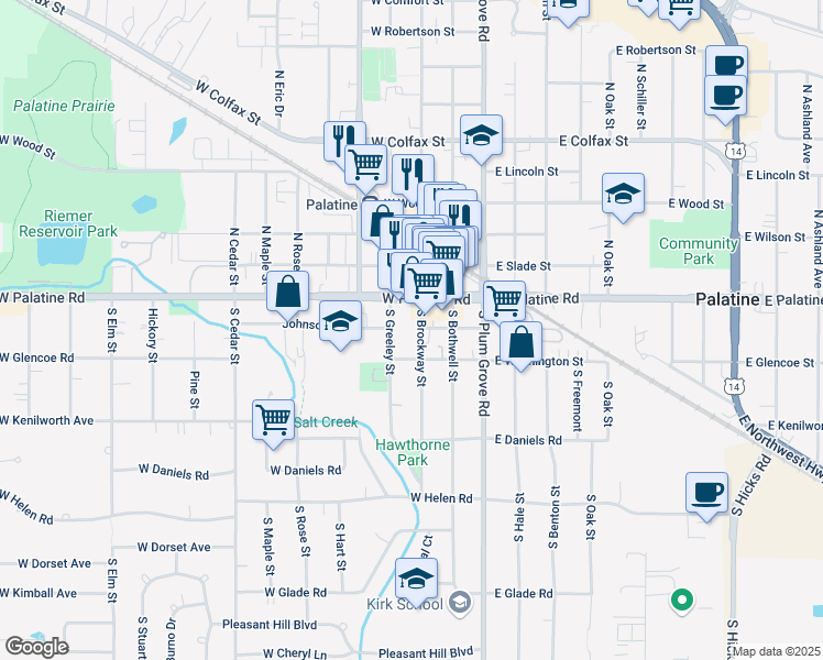 map of restaurants, bars, coffee shops, grocery stores, and more near 20 North Bothwell Street in Palatine