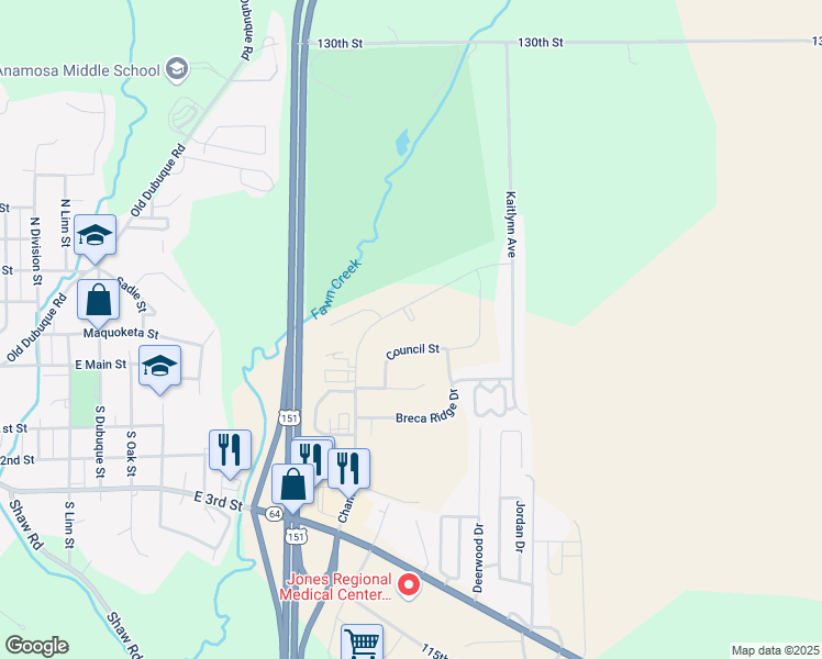map of restaurants, bars, coffee shops, grocery stores, and more near 433 Chamber Drive in Anamosa
