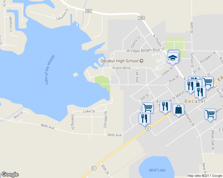 map of restaurants, bars, coffee shops, grocery stores, and more near 45207 Pine Street in Decatur