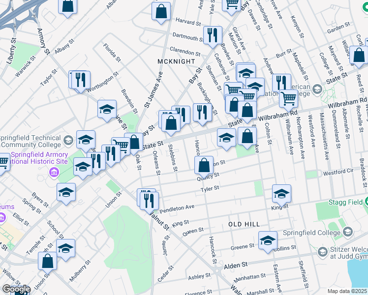 map of restaurants, bars, coffee shops, grocery stores, and more near 18 Terrence Street in Springfield