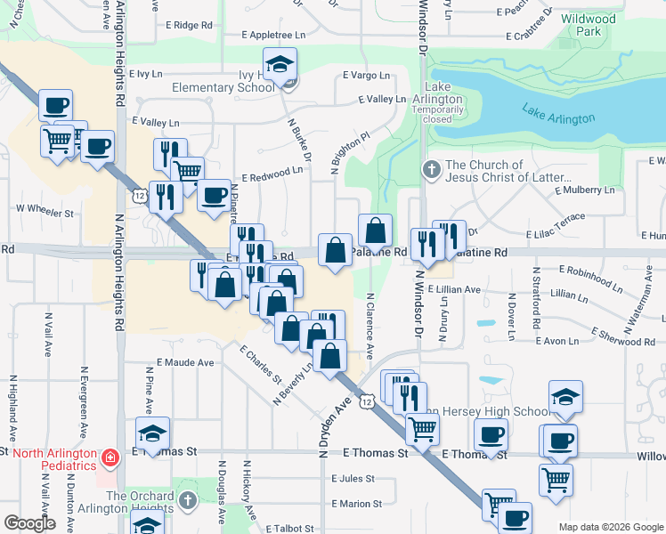 map of restaurants, bars, coffee shops, grocery stores, and more near 1007 East Palatine Road in Arlington Heights