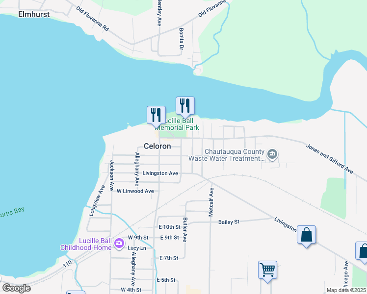 map of restaurants, bars, coffee shops, grocery stores, and more near 15 Conewango Avenue in Jamestown