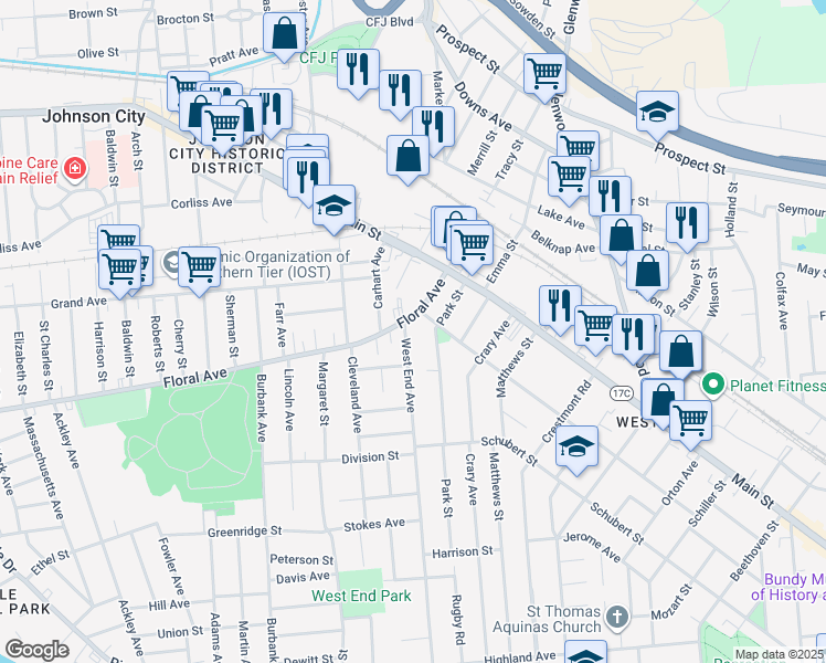 map of restaurants, bars, coffee shops, grocery stores, and more near 198 West End Avenue in Binghamton