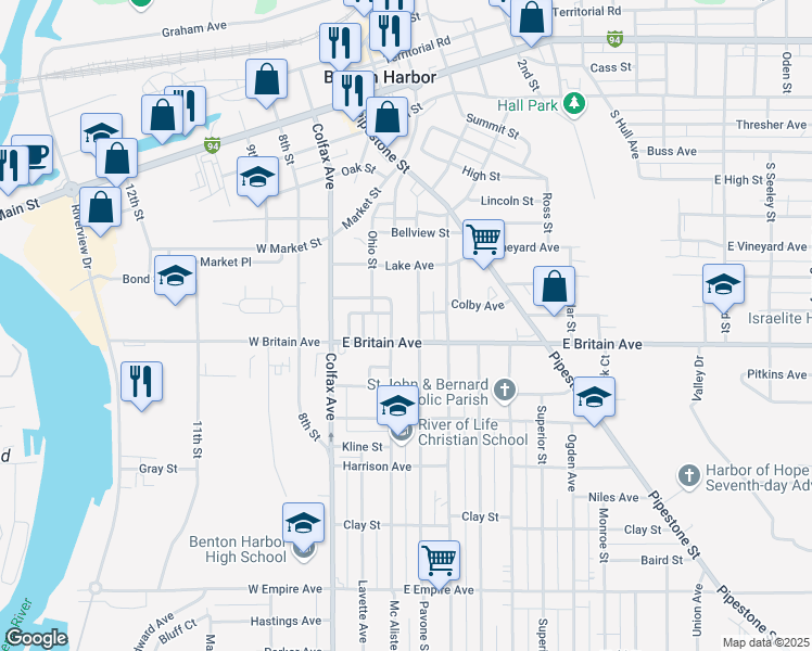 map of restaurants, bars, coffee shops, grocery stores, and more near 209 East Britain Avenue in Benton Harbor