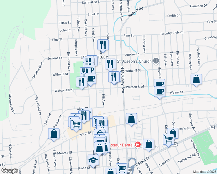 map of restaurants, bars, coffee shops, grocery stores, and more near 101 Squires Avenue in Endicott