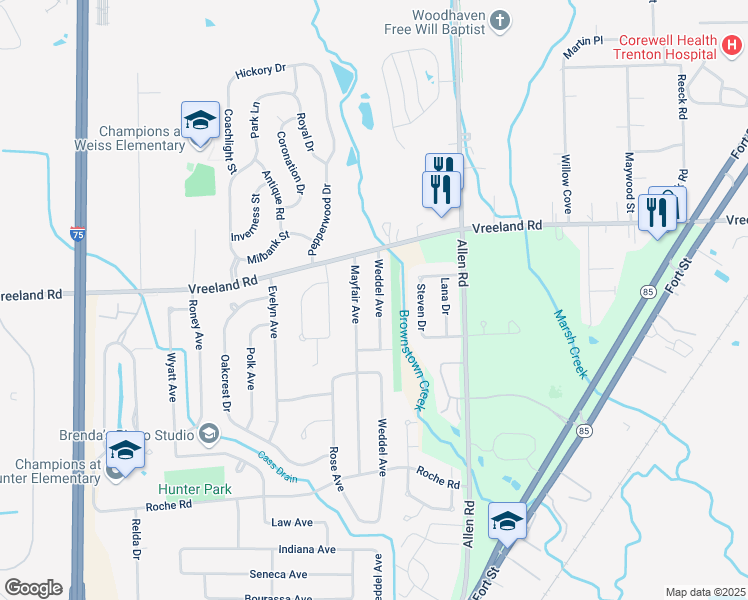 map of restaurants, bars, coffee shops, grocery stores, and more near 27146 Weddel Avenue in Brownstown Charter Township