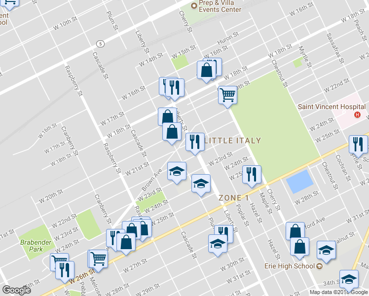 map of restaurants, bars, coffee shops, grocery stores, and more near 815 West 21st Street in Erie