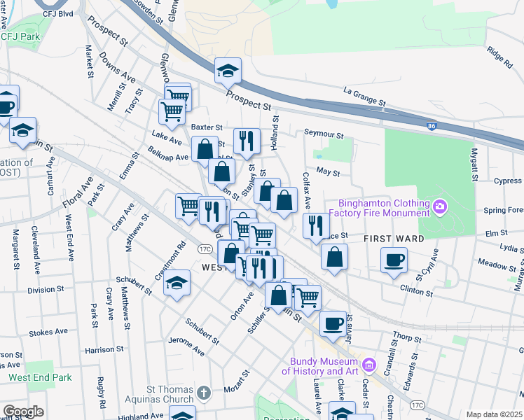 map of restaurants, bars, coffee shops, grocery stores, and more near 300 Matis Street in Binghamton