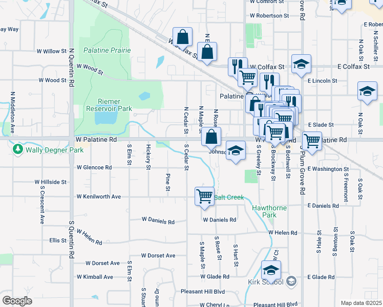 map of restaurants, bars, coffee shops, grocery stores, and more near 353 Johnson Street in Palatine