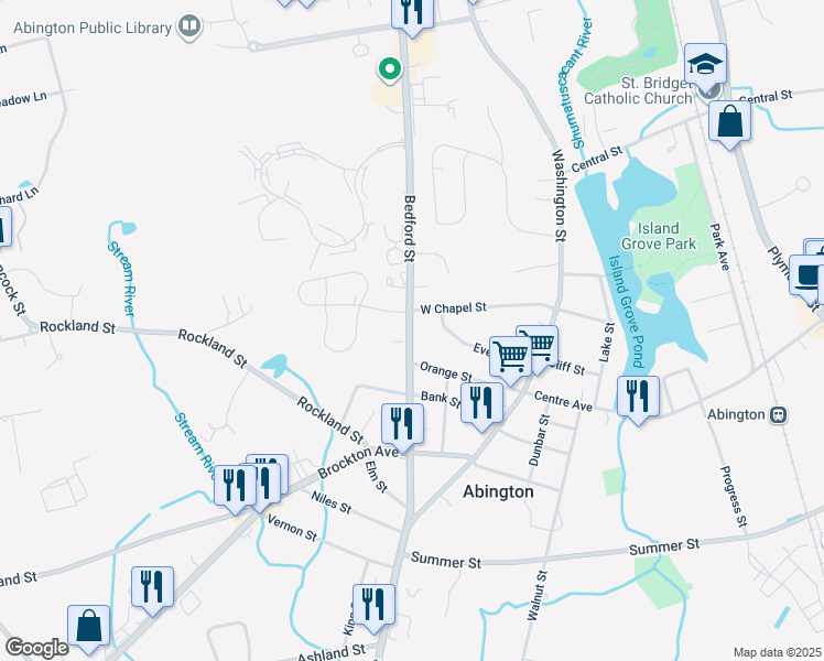 map of restaurants, bars, coffee shops, grocery stores, and more near 197 Bedford Street in Abington